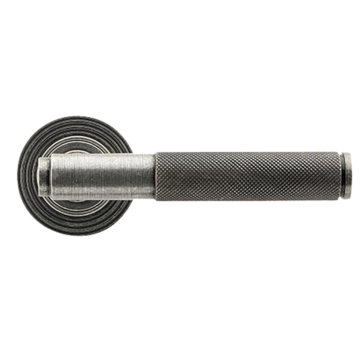 Pewter Knurled Door Handles on Round Beehive Rose - Brompton Range