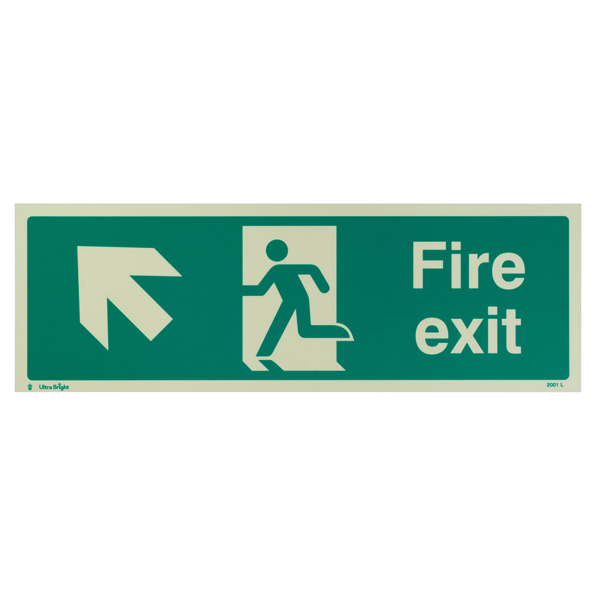 Photoluminescent Fire Exit Running Man Arrow Up Left Sign - 450 x 150mm - Rigid Plastic