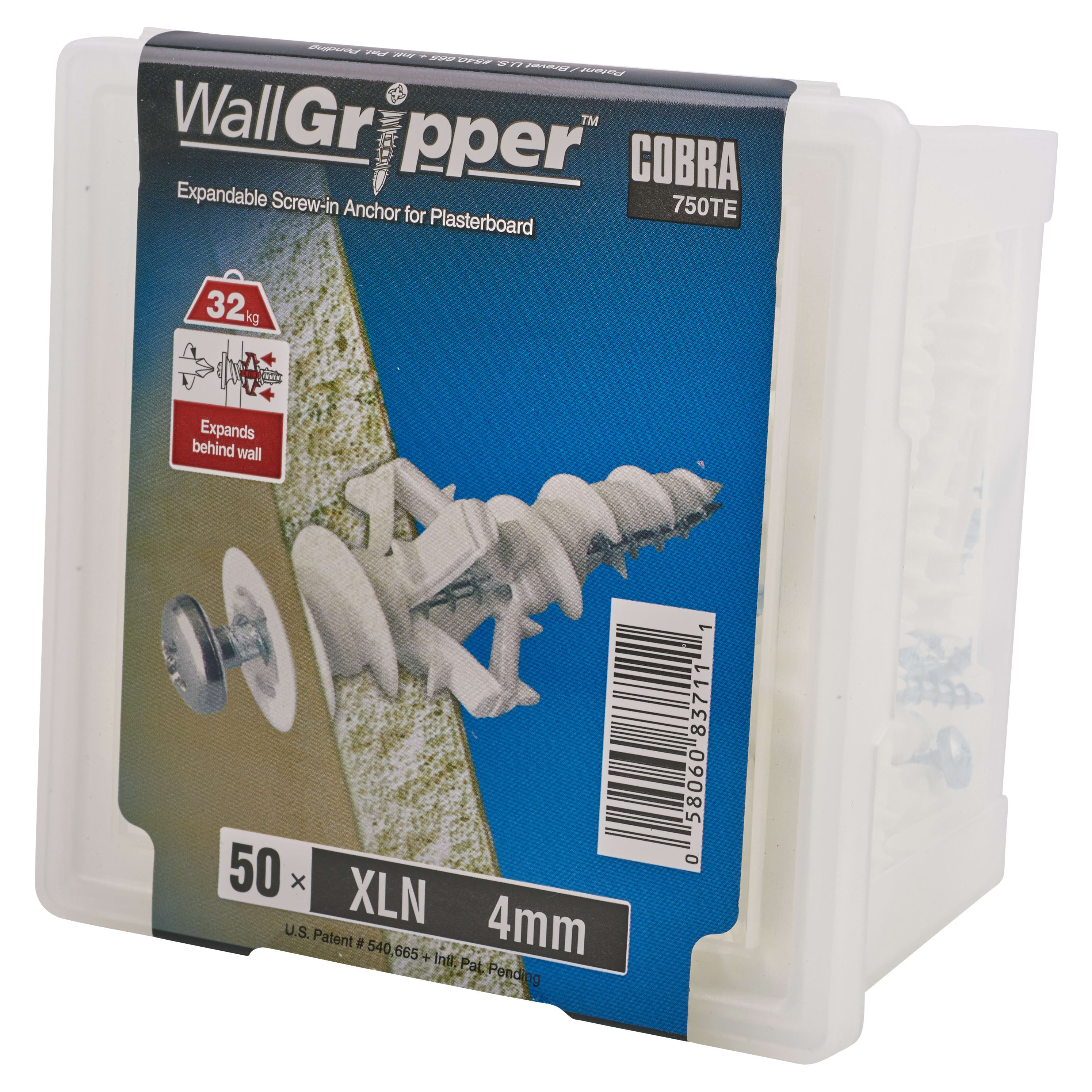 WallGripper Self Drilling Plasterboard Wall Anchor - 4 x 54mm - White - Pack of 50