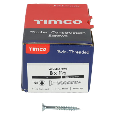 Twin Threaded Pozi Countersunk Wood Screws - 8 x 1 1/2" - Zinc Plated - Pack of 200