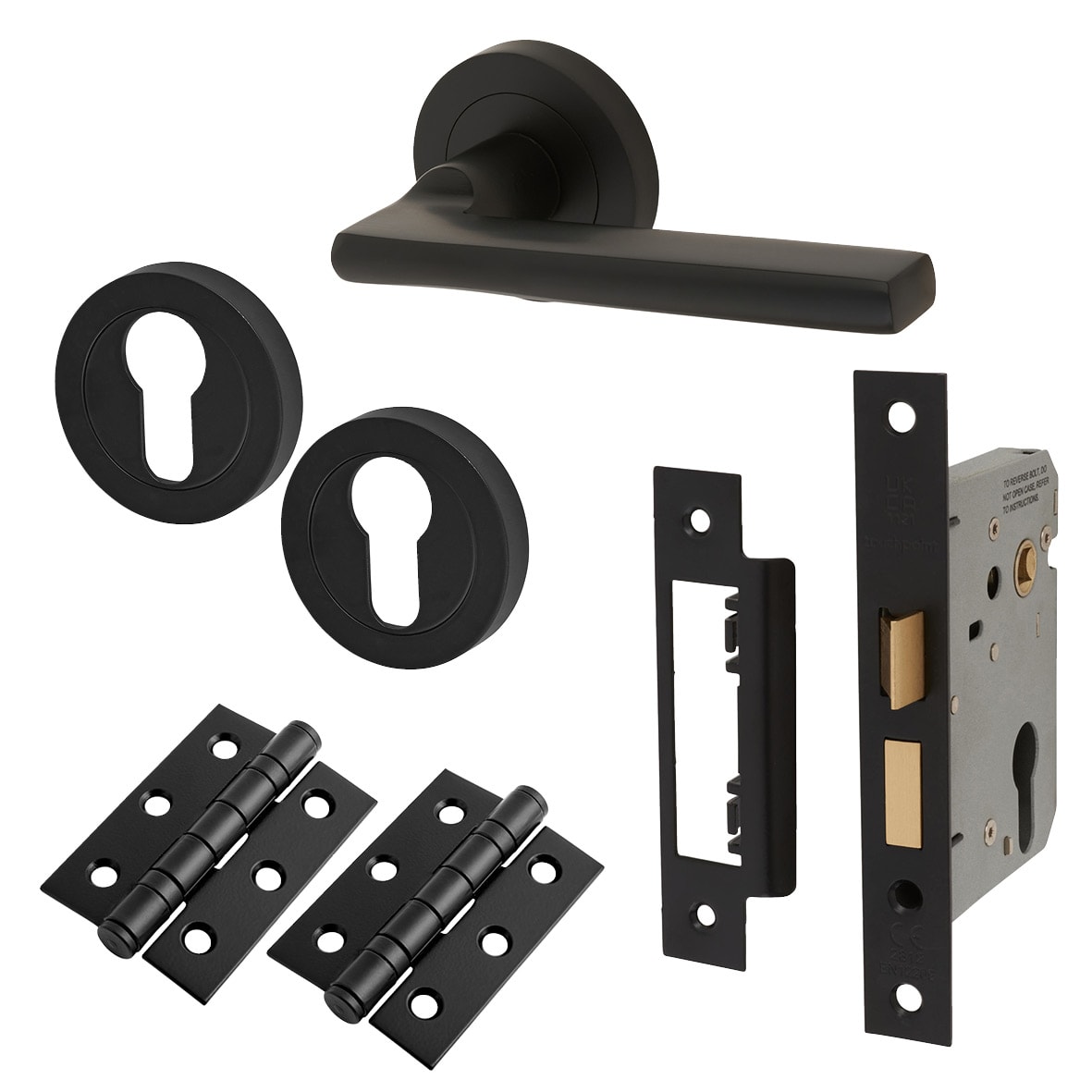 Matt Black Euro Lock Door Handles on Rose Pack - Lexi Range