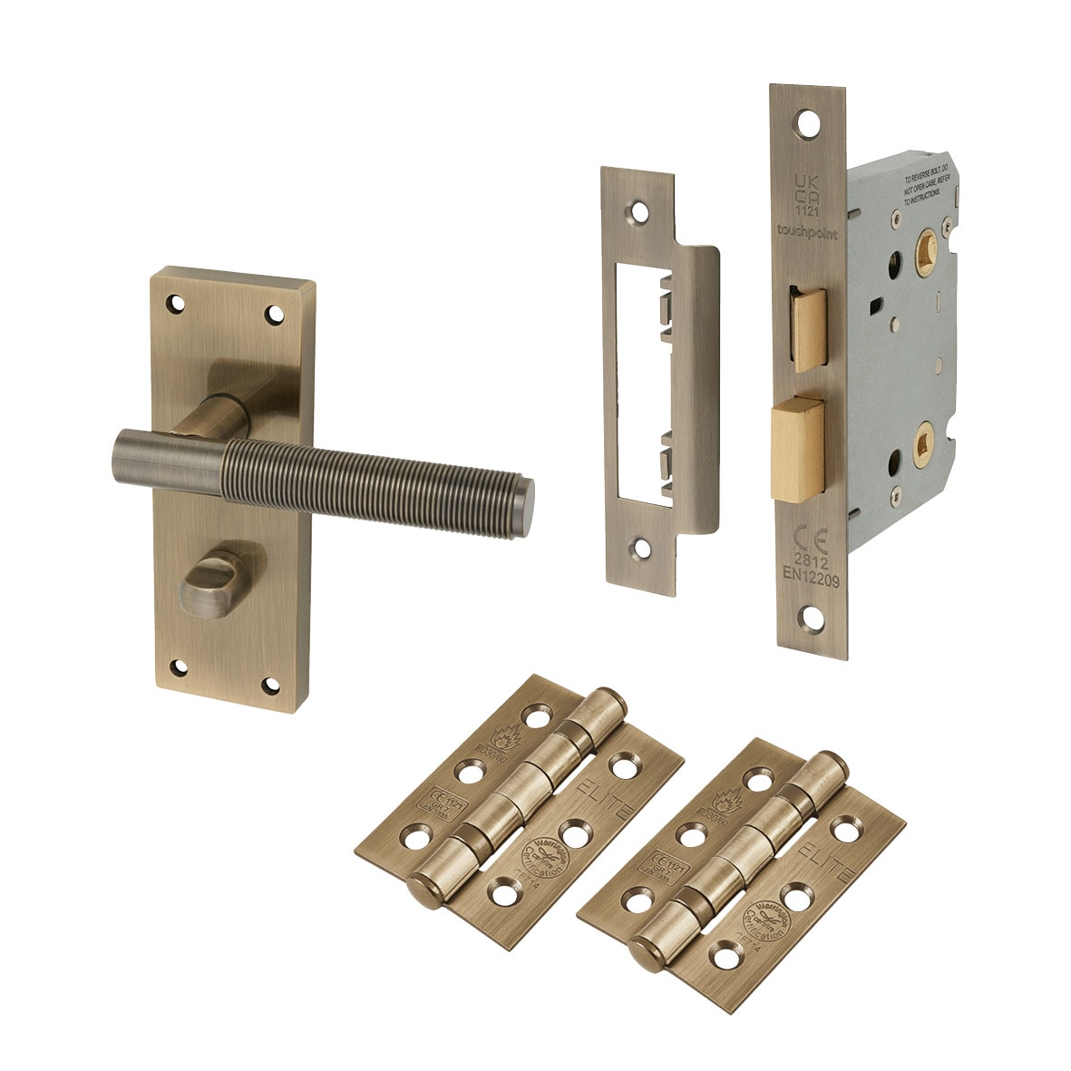 Antique Brass Reeded Bathroom Lock Door Handles Pack - Lily Range