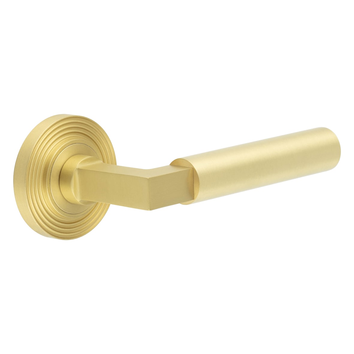Satin Brass Fire Rated Door Handles on Round Reeded Rose - Westminster Range