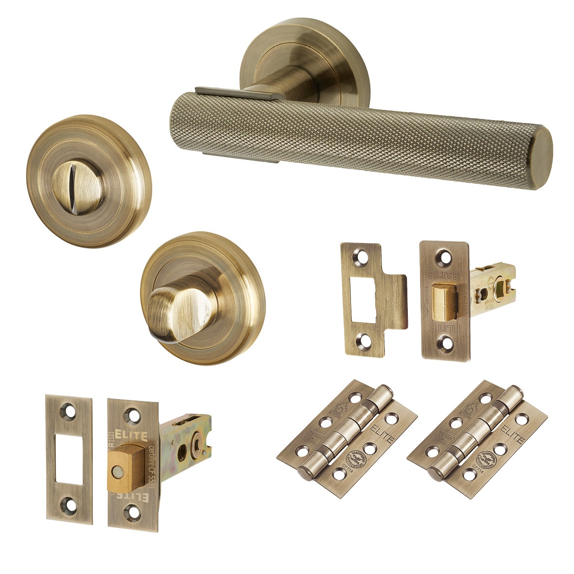 Antique Brass Knurled Bathroom Deadbolt Lock Door Handles on Rose Pack - Orla Range