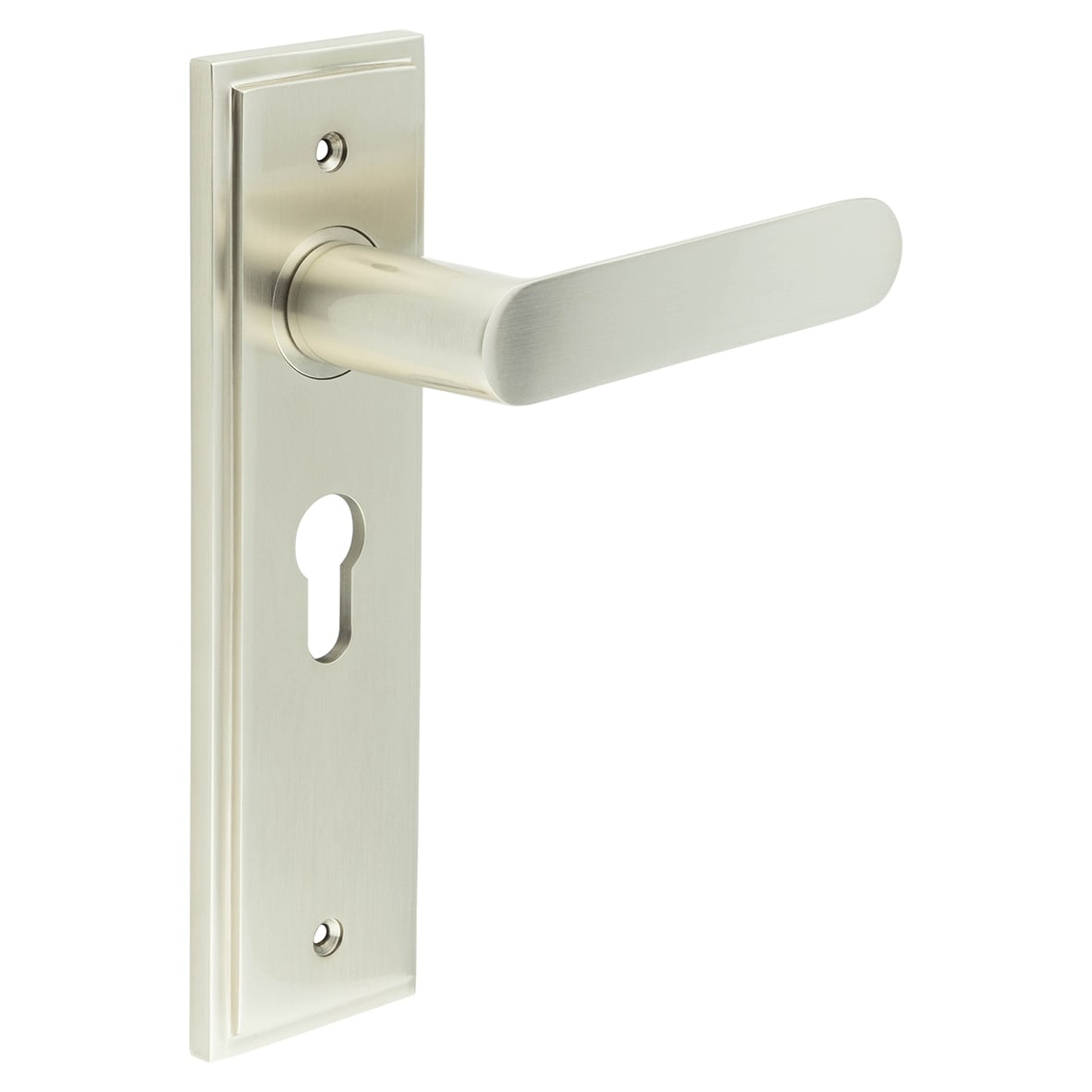 Satin Nickel Fire Rated Euro Lock Door Handles - Kensington - 200 x 55mm