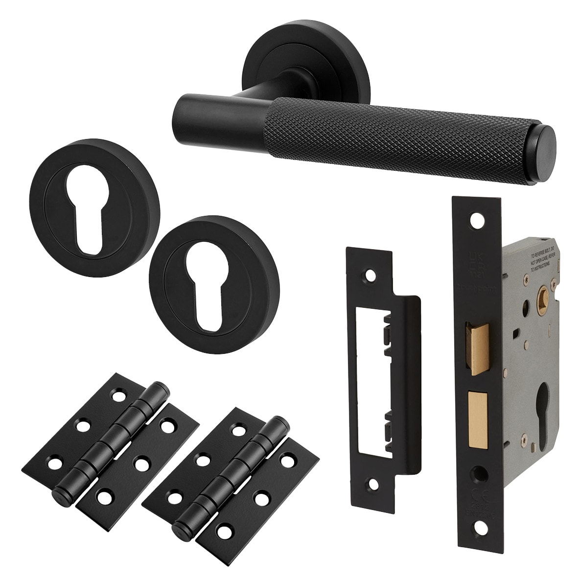 Matt Black Knurled Euro Lock Door Handle on Rose Pack - Remi Range