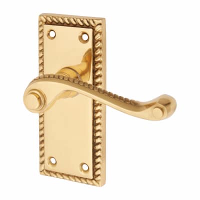 Polished Brass Georgian Scroll Latch Door Handles - Short Plate - 117 x 45mm