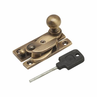 Narrow Keep Locking Hook Claw Sash Window Fastener with Knob - 63 x 20mm - Antique Brass