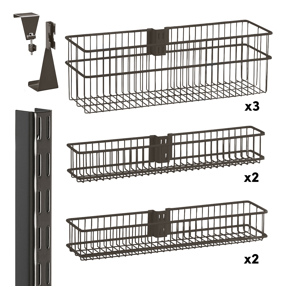 Wardrobe & Over Door Storage Kit - 1 Twin Slot Wall Upright & 7 Mesh Baskets - Graphite