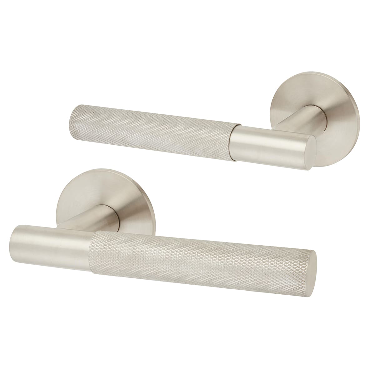 Satin Stainless Steel Knurled Door Handles on Round Slim Rose - Schema Teckna Range