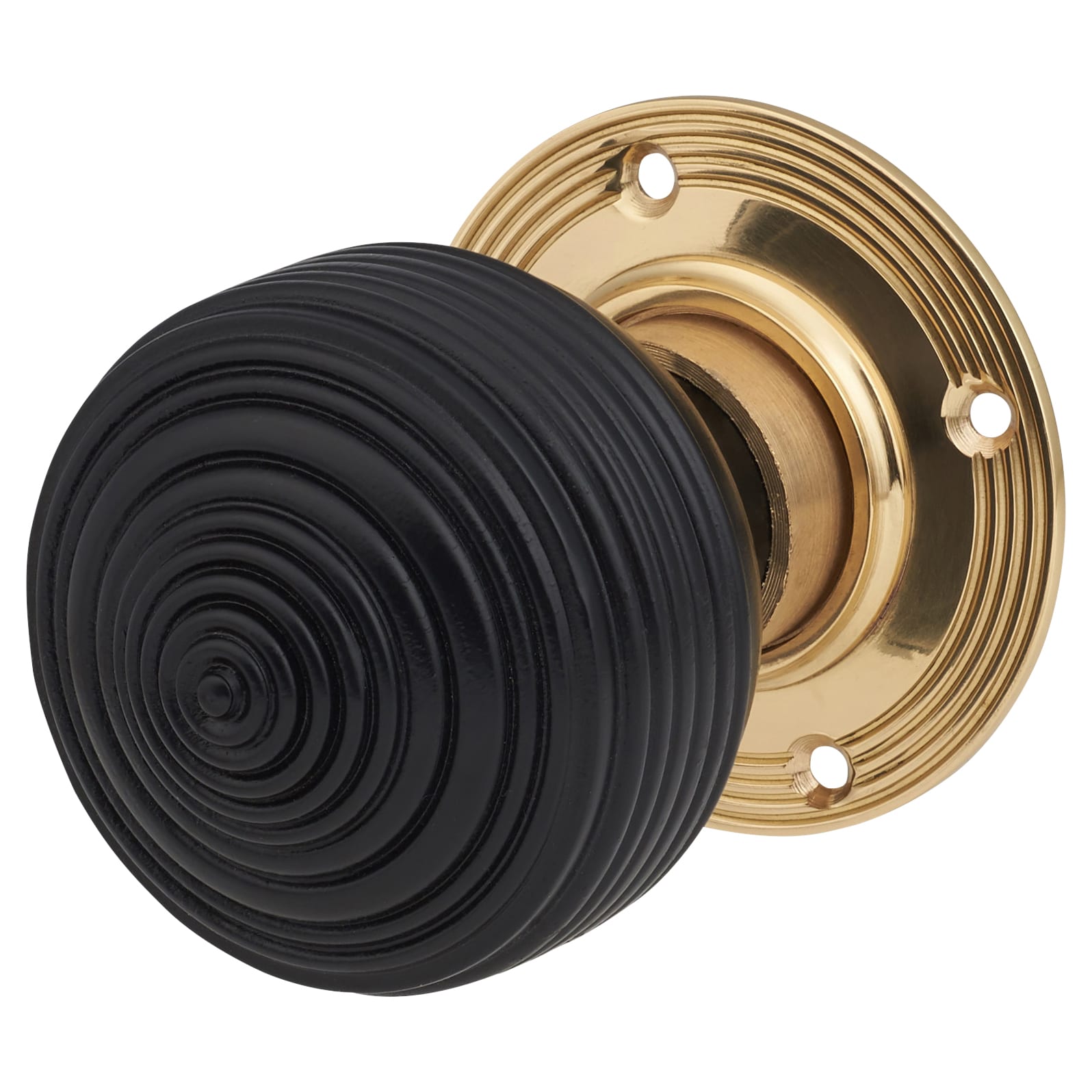 Ebony Knob & Brass Rose Edwardian Beehive Mortice/Rim Door Knob - 60mm Rose Diameter