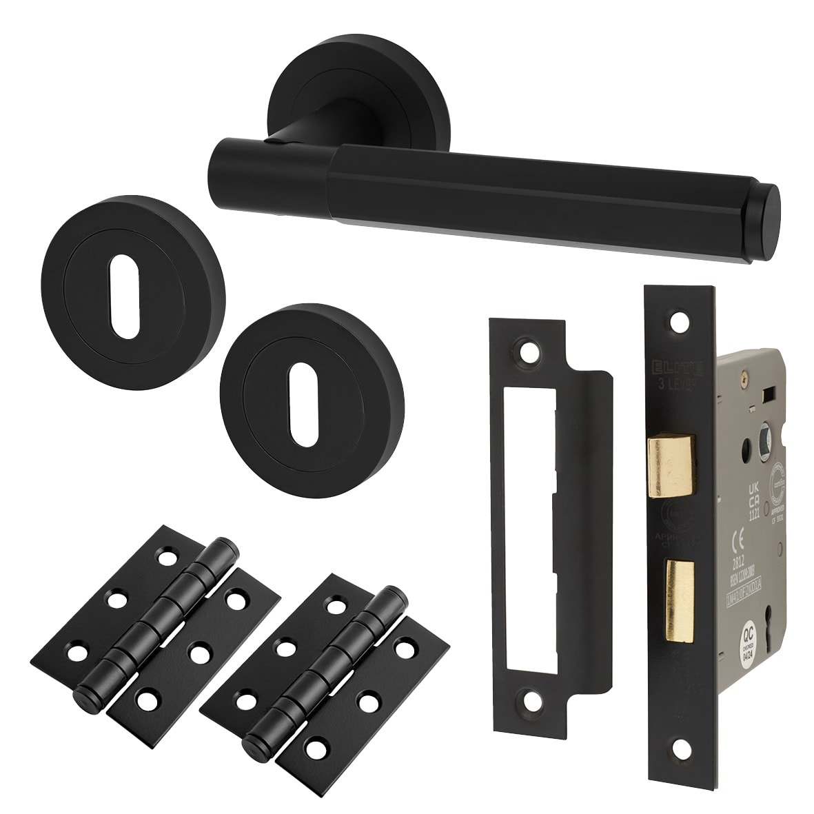 Matt Black Hexagonal 3 Lever Sashlock Door Handles on Rose Pack - Juno Range
