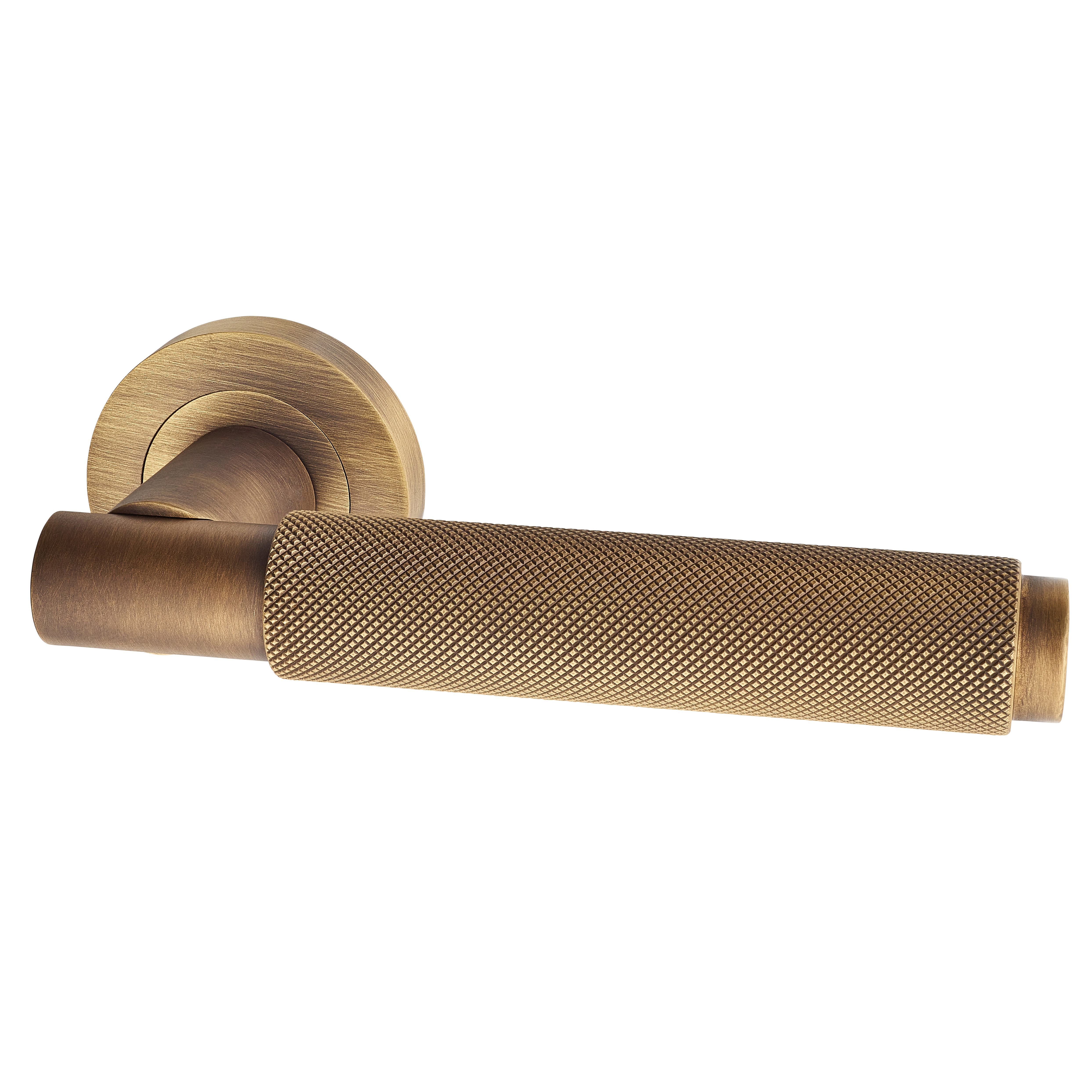 Brass Antique Brass Knurled Door Handles on Round Rose - Varese Range