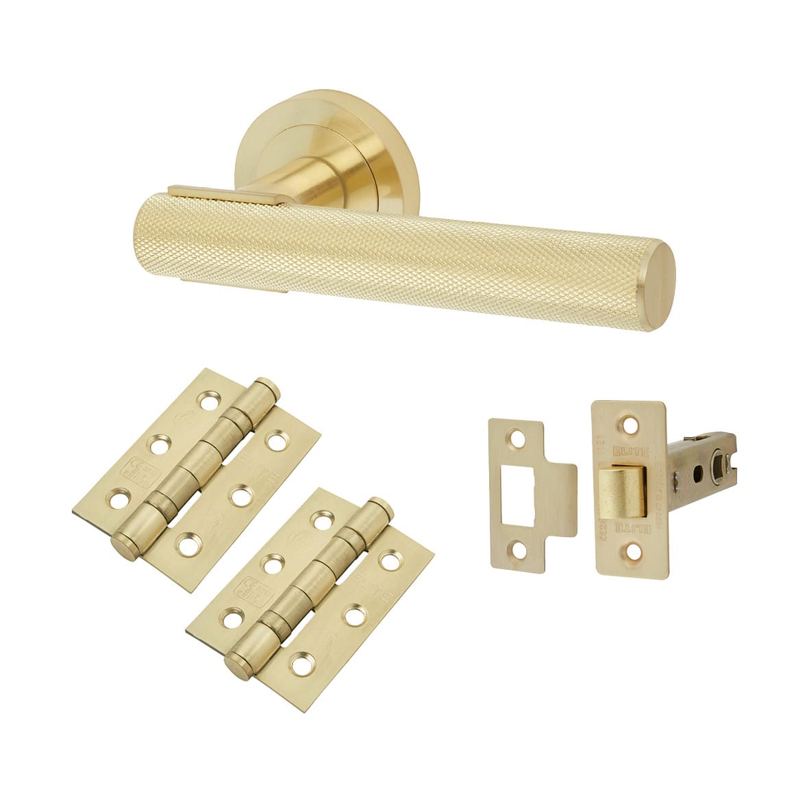 Satin Brass Knurled Latch Door Handles on Rose Pack - Orla Range