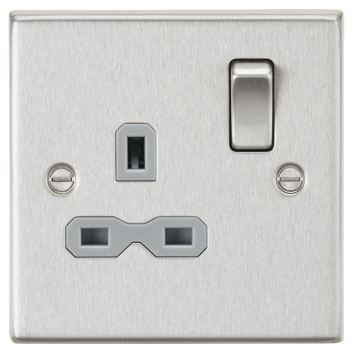 13A 1 Gang Double Pole Switched Socket - Brushed Chrome with Grey Insert