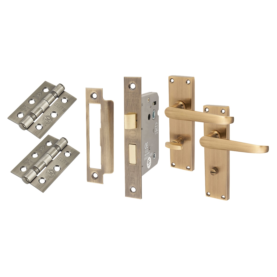 Antique Brass Victorian Straight Bathroom Lock Door Handles Pack