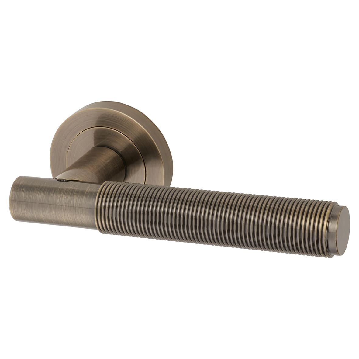 Antique Brass Reeded Door Handles on Round Rose - Lily Range