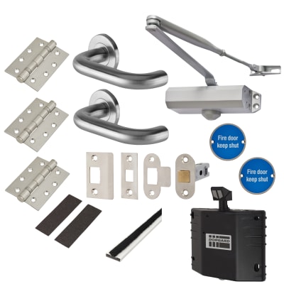 Light Duty Latch Door Handle on Rose Fire Door Kit & Dorgard Holder - Power Size 3 - Silver