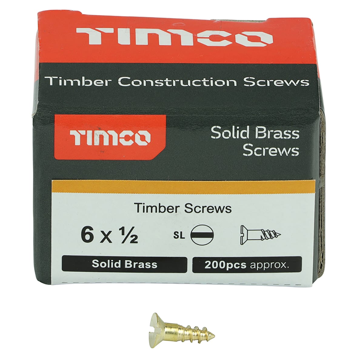 Slotted Countersunk Wood Screws - 6 x 1/2" - Solid Brass - Pack of 200