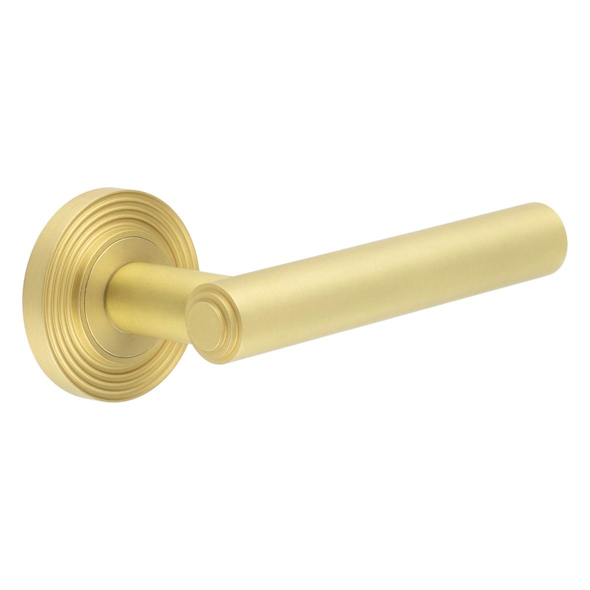 Satin Brass Fire Rated Door Handles on Round Reeded Rose - Richmond Range