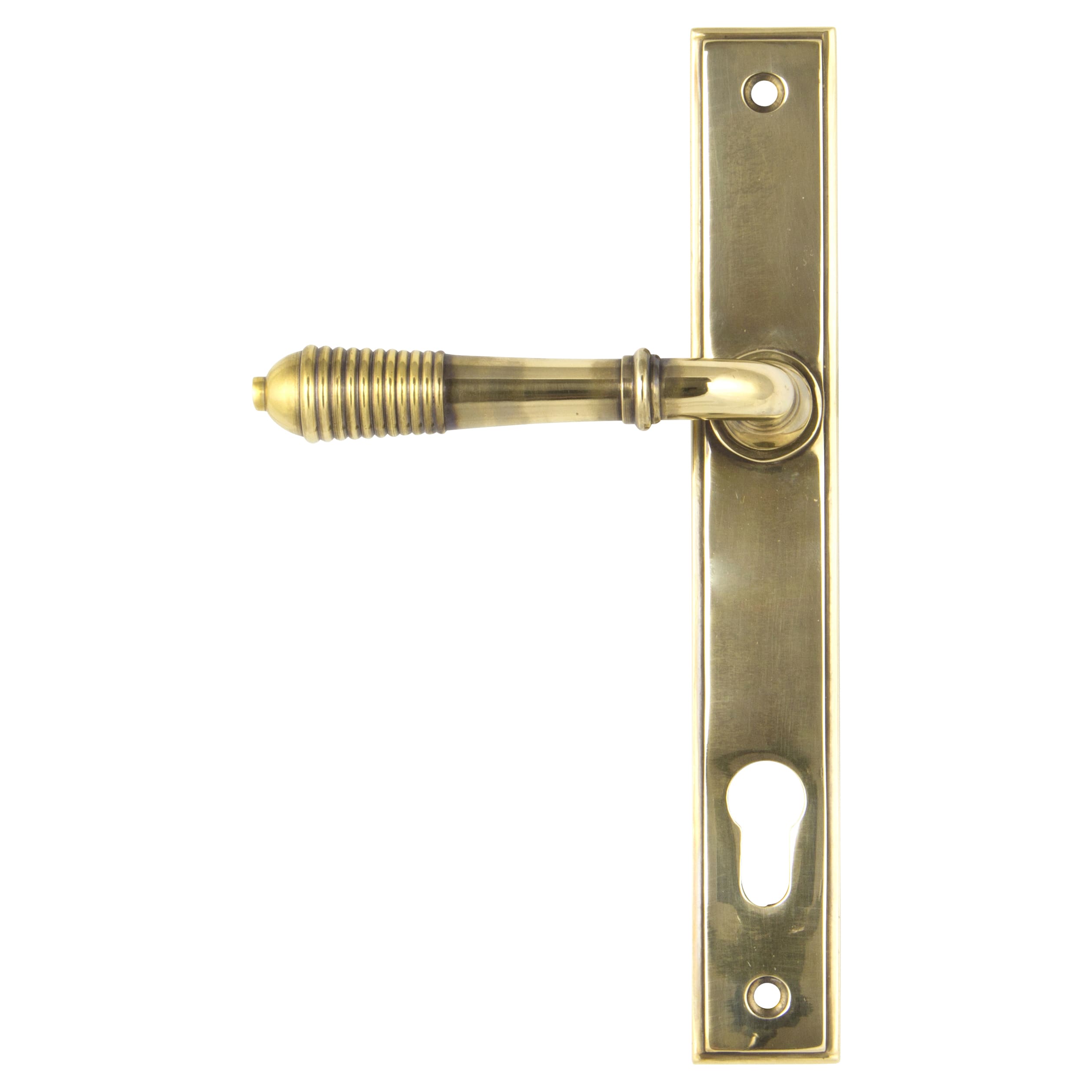 Aged Brass uPVC Reeded Slimline Multipoint Euro Lock Door Handles - 92mm c/c