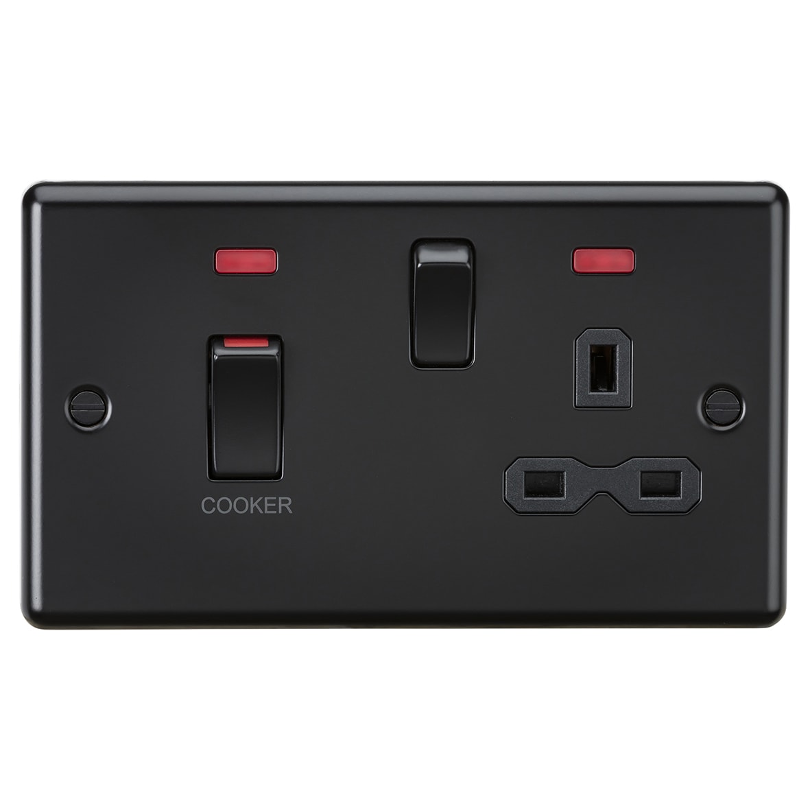 45A Round Edge DP Cooker Switch & 13A Socket with Neons - Matt Black/Black Insert