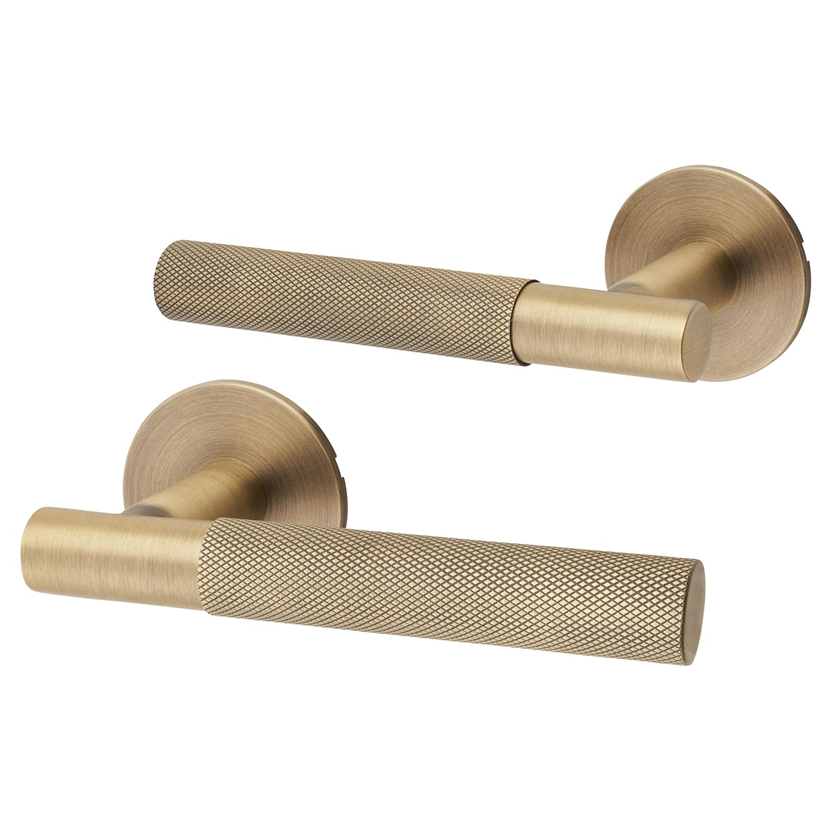 Matt Antique Brass Knurled Door Handles on Round Slim Rose - Schema Teckna Range