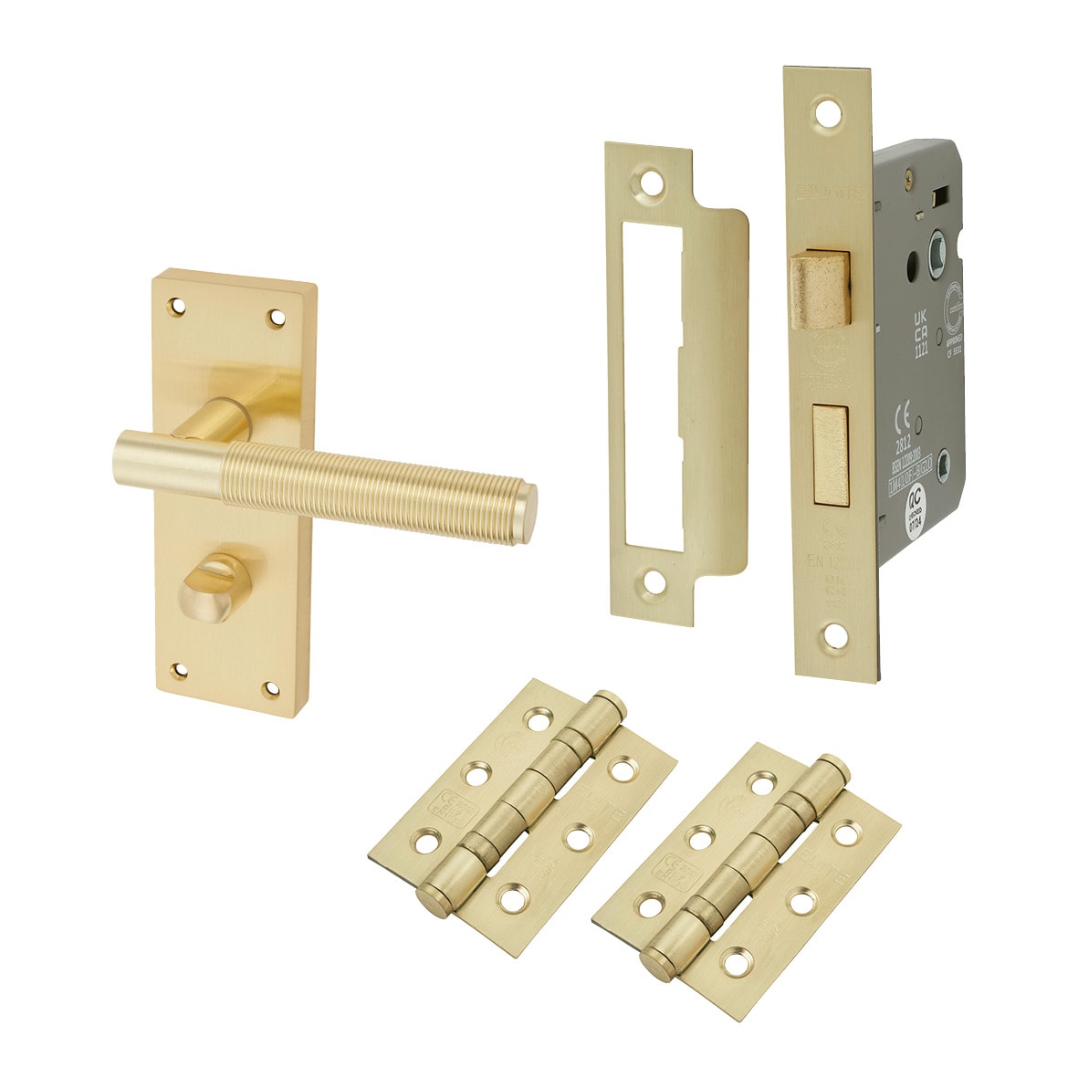 Satin Brass Reeded Bathroom Lock Door Handles Pack - Lily Range