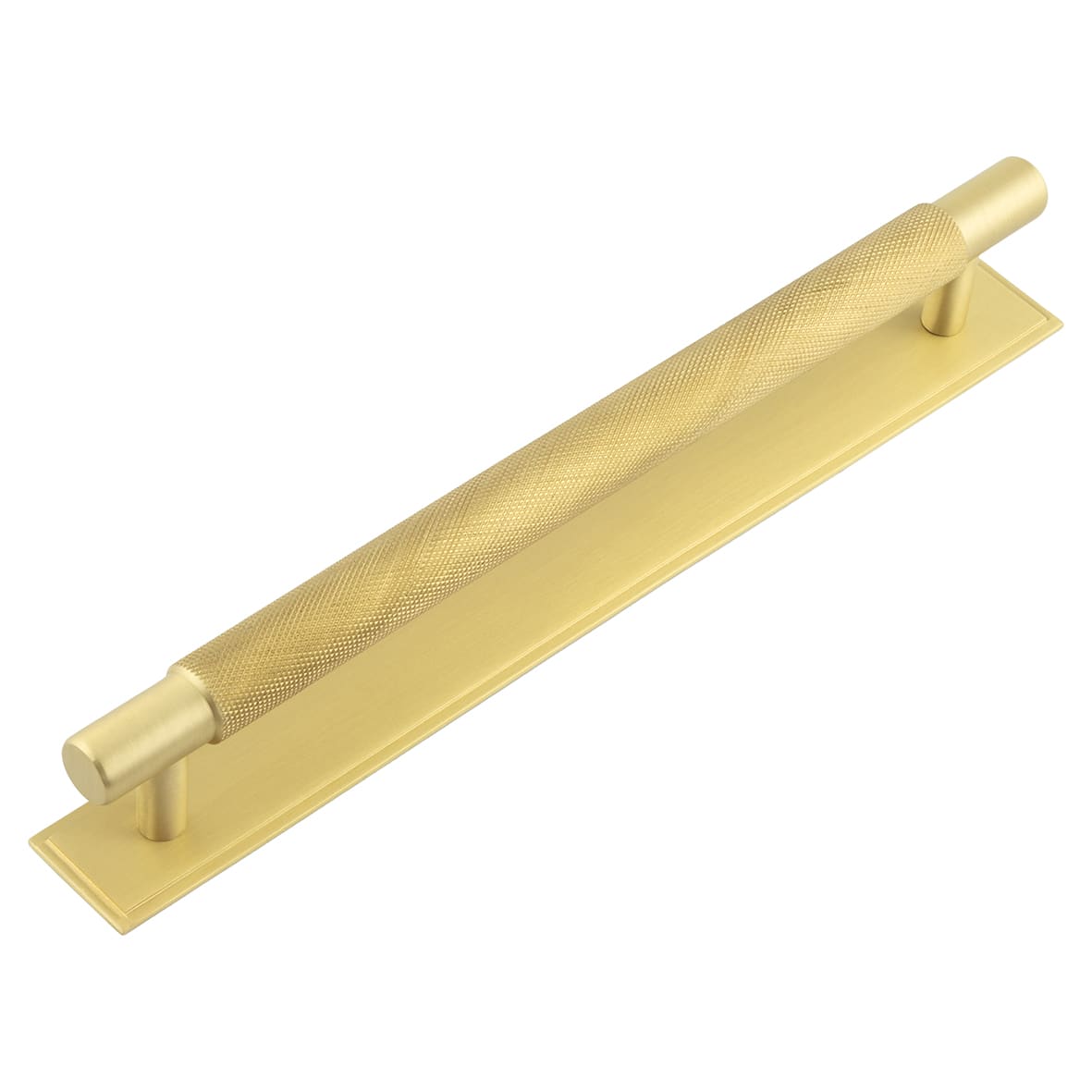 Taplow 18mm Knurled T-Bar Cabinet Pull Handle on Stepped Backplate - 224mm c/c - Satin Brass