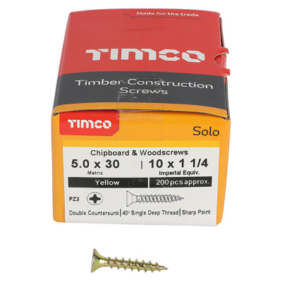 Solo Chippy Pozi Countersunk Wood Screws - 5.0 x 30mm - Yellow Zinc - Pack of 200