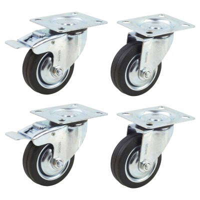 Rubber Castor 2 x Swivel, 2 x Swivel Braked - 200kg Max - 100mm Diameter - Black - Pack of 4