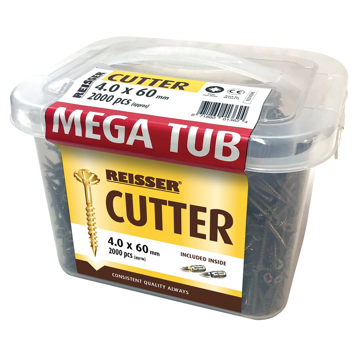 Cutter Pozi Countersunk Wood Screws Mega Tub - 4.0 x 60mm - Yellow Zinc - Pack of 2000