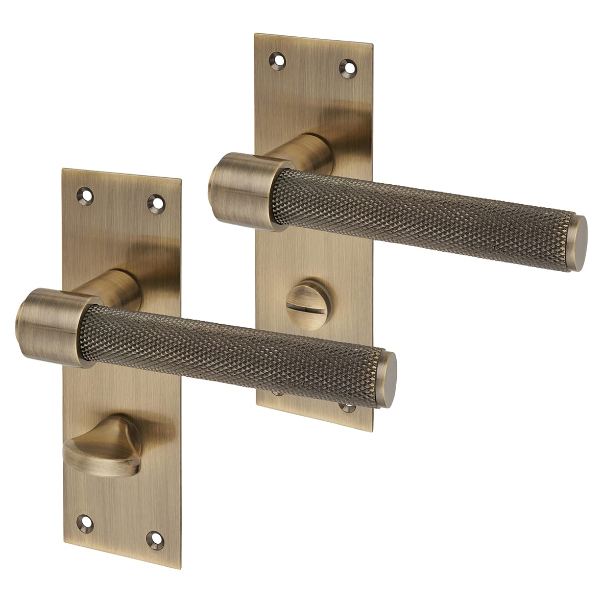 Antique Brass Knurled Bathroom Door Handles - Loxley Range - 150 x 50mm
