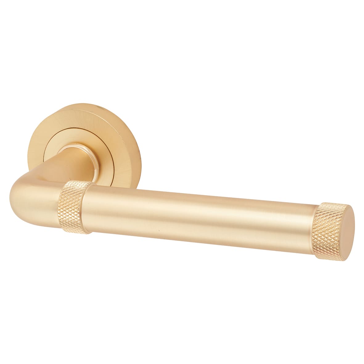 Satin Brass Fire Rated Knurled Door Handles on Round Rose - Midtown Range