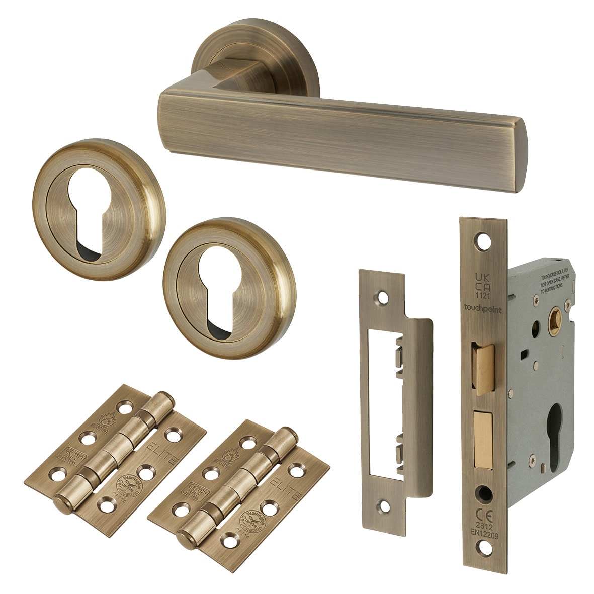 Antique Brass Euro Lock Door Handles on Rose Pack - Zara Range