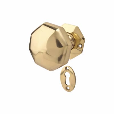 Polished Brass Old English Heavy Pattern Hex Mortice Door Knob - 58mm Rose Diameter