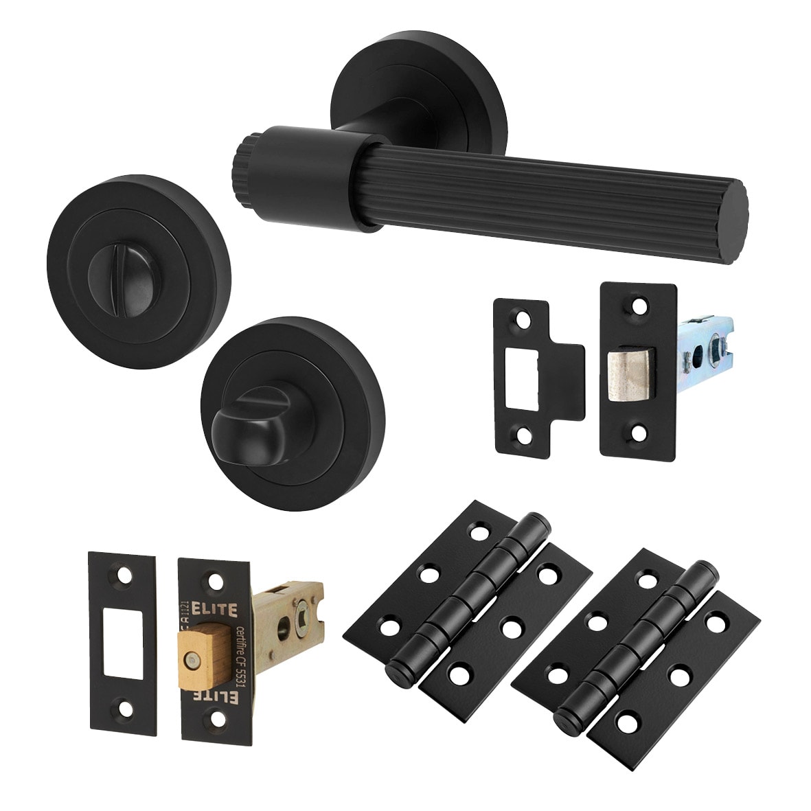 Matt Black Lines Bathroom Deadbolt Lock Door Handles on Rose Pack - Eva Range