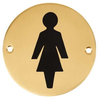 Ladies Toilet Door Sign - 75mm Diameter - Polished Brass