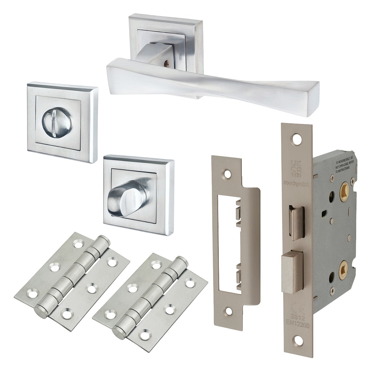 Satin Chrome Bathroom Lock Door Handles on Square Rose Pack - Spirit Range