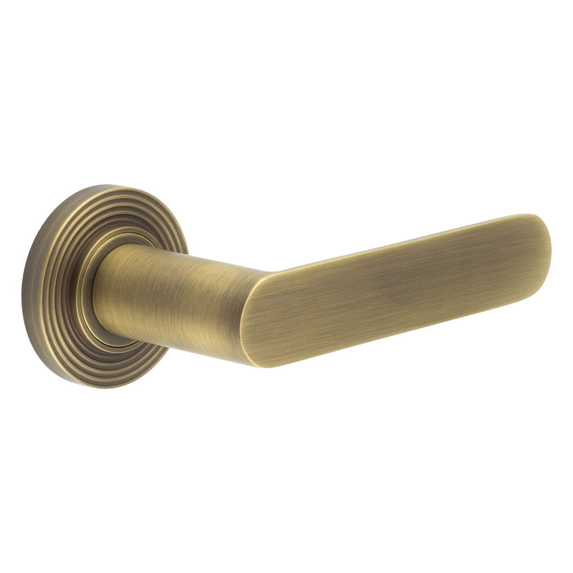 Antique Brass Fire Rated Door Handles on Round Reeded Rose - Kensington Range