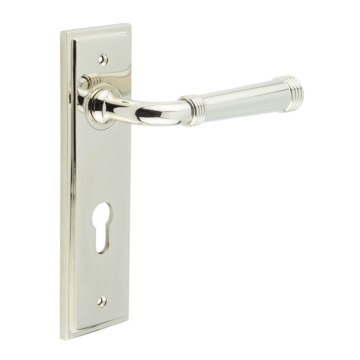 Polished Nickel Fire Rated DIN Euro Lock Door Handles - Highgate - 200 x 55mm