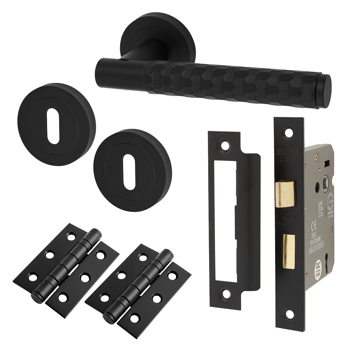 Matt Black Honeycomb 3 Lever Sashlock Door Handles on Rose Pack - Cara Range