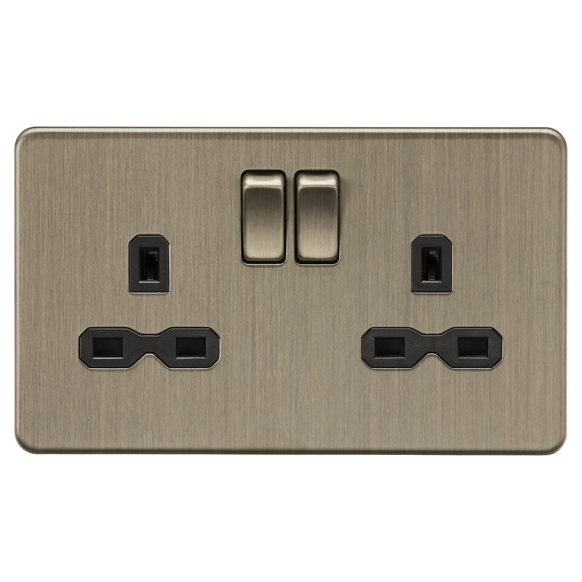 13A 2 Gang Screwless Flat Plate Double Pole Switched Socket - Antique Brass/Black