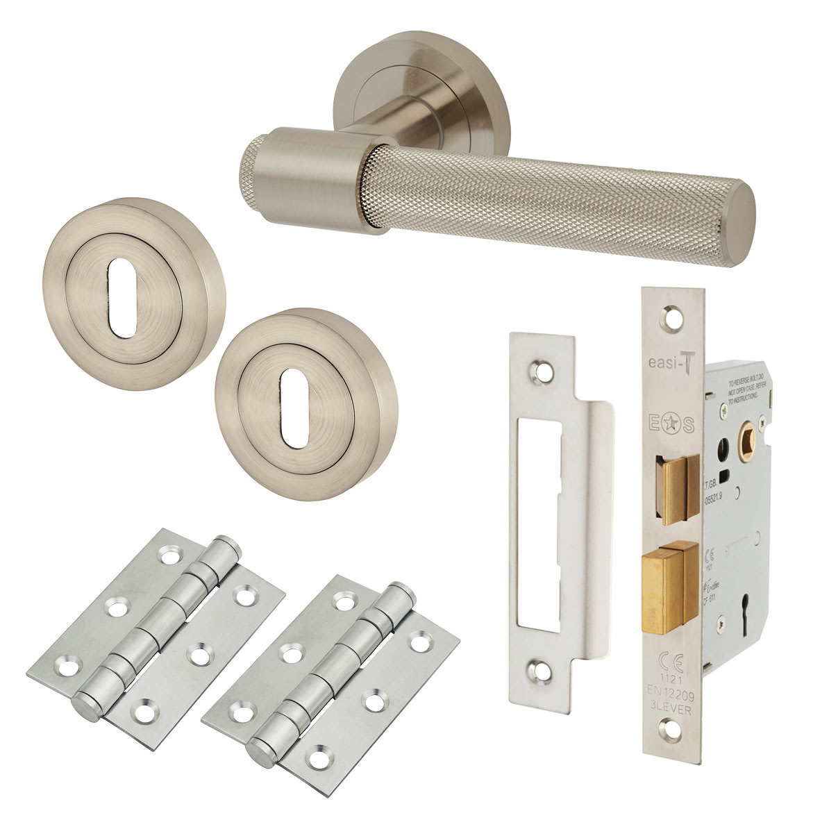 Satin Nickel Knurled 3 Lever Sashlock Door Handles on Rose Pack - Esme Range