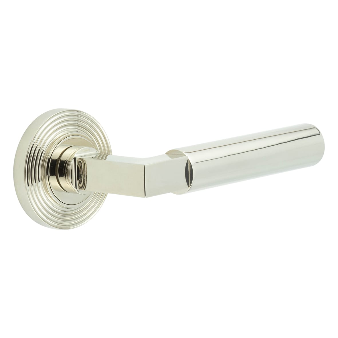 Polished Nickel Fire Rated Door Handles on Round Reeded Rose - Westminster Range