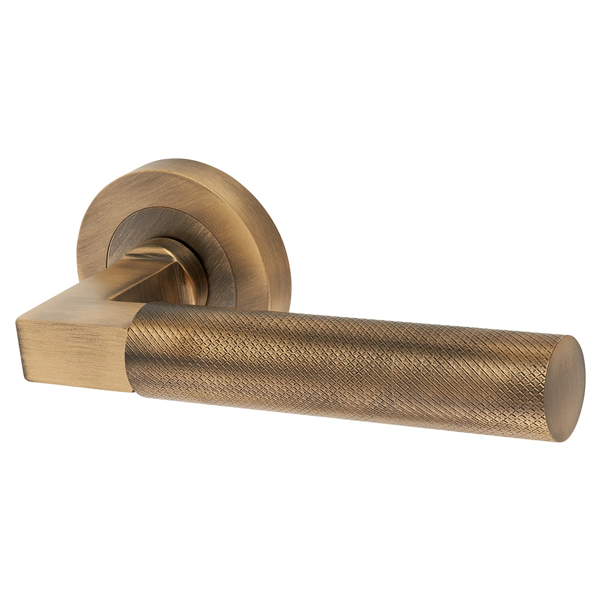 Antique Brass Knurled Door Handles on Round Rose