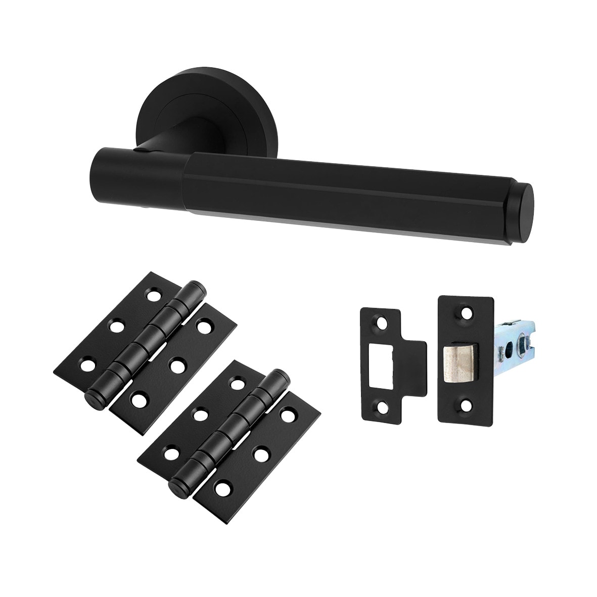 Matt Black Hexagonal Latch Door Handles on Rose Pack - Juno Range