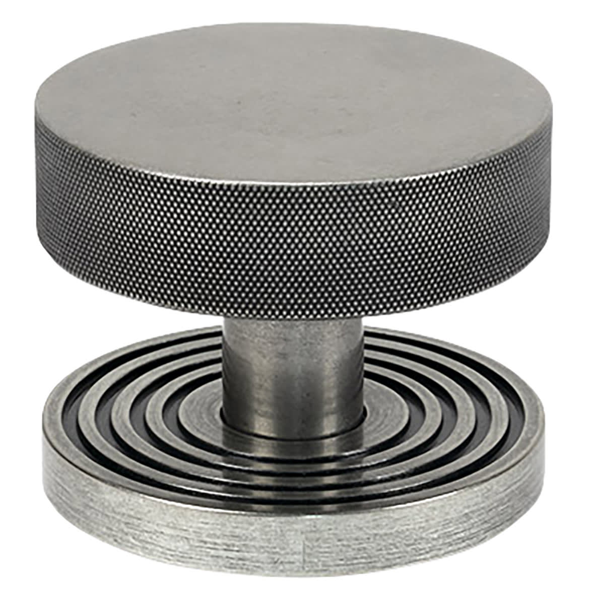 Brompton Pewter Round Knurled Centre Door Knob on Beehive Rose - 90mm Rose Diameter