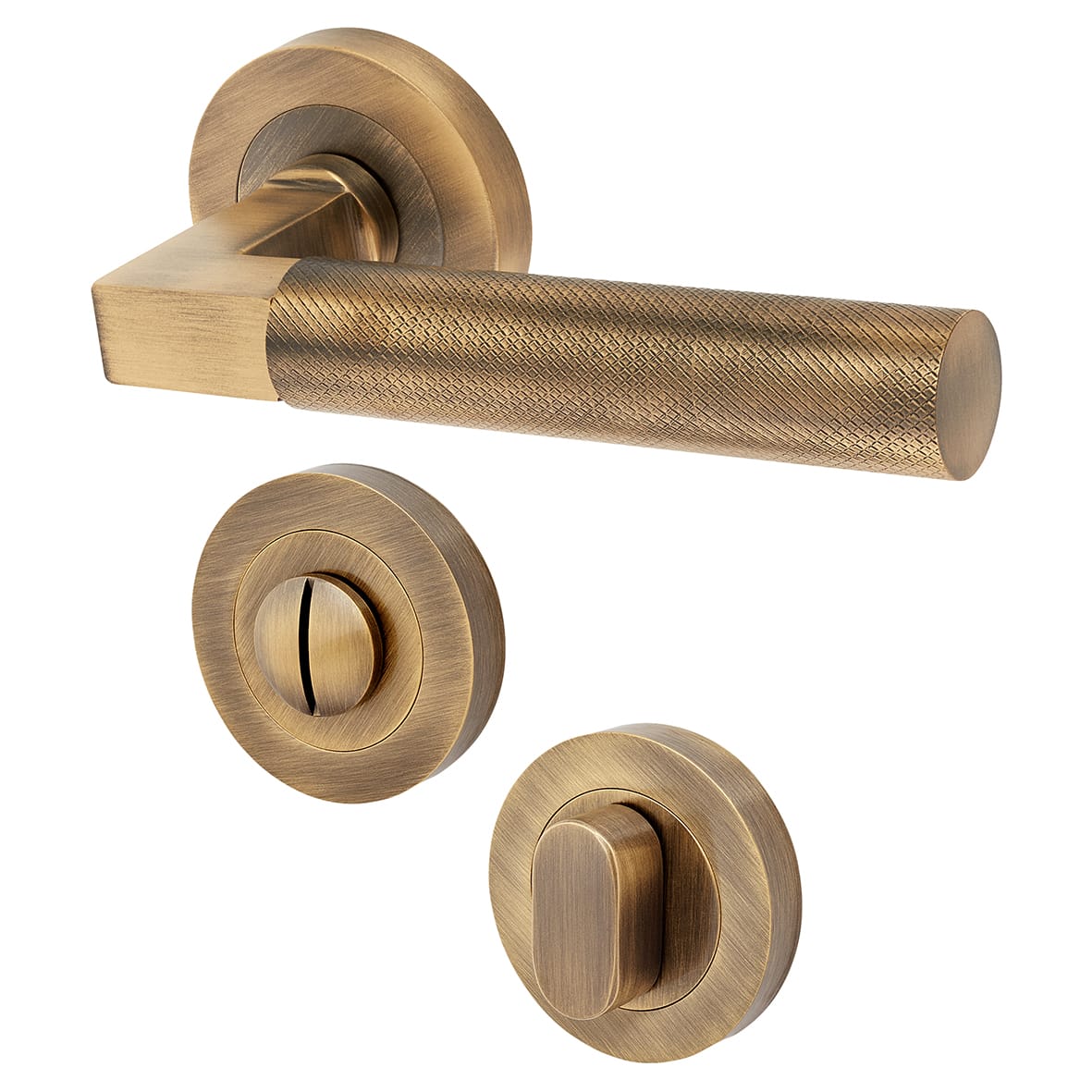 Antique Solid Brass Knurled Door Handles on Rose with Turn & Release