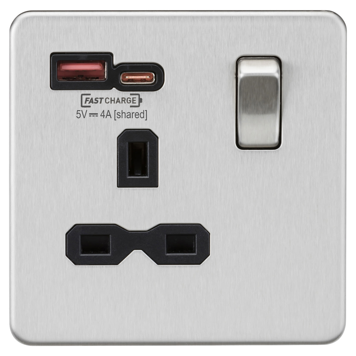 13A 1 Gang SP Type A/C Fastcharge USB Socket with 2 x USB - 4A - Brushed Chrome/Black